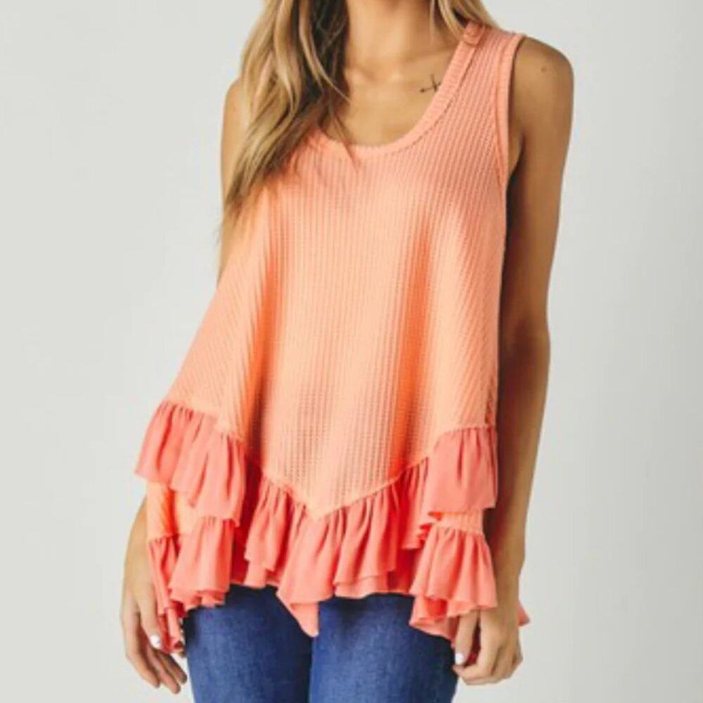 PERFECTLY PRISCILLA | Coral &‎ Pink Sleeveless Scooped Neck Ruffled Hem Top